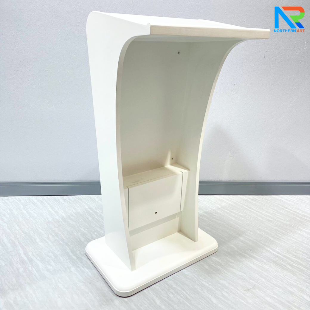 โพเดียมไม้ LED สีขาว ขนาด (W)55 x (L)45 x (H)112 cm. พร้อม LED CRYSTAL FRAME ด้านหน้า