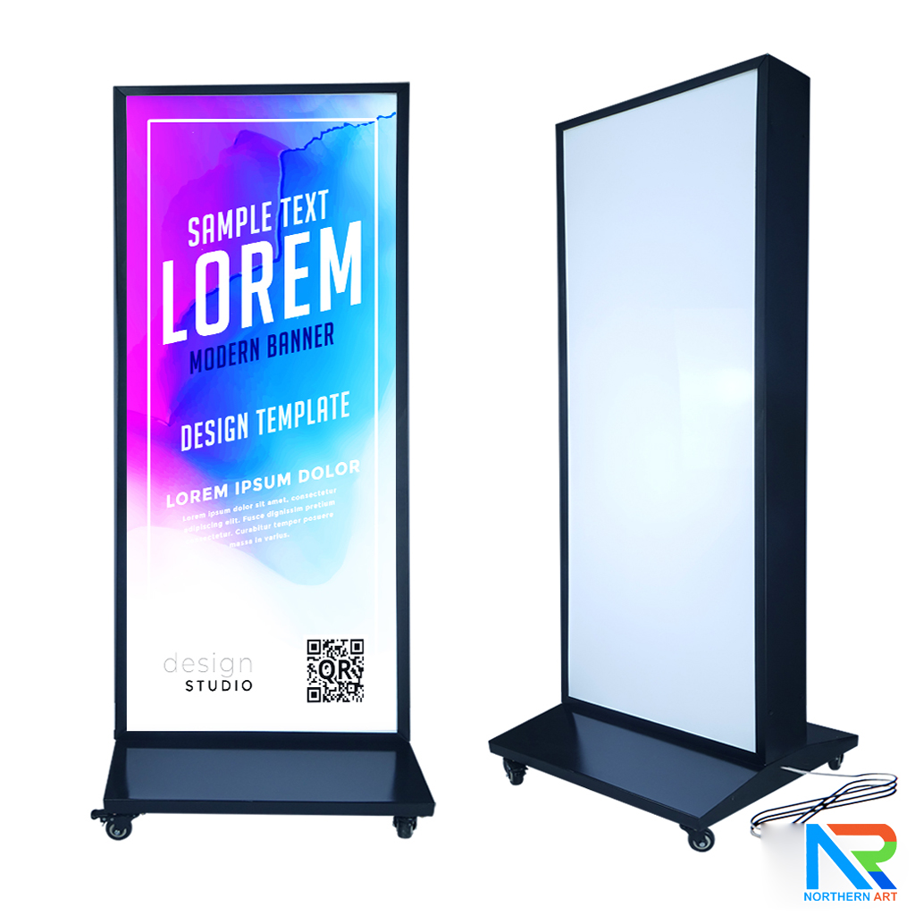 ตู้ไฟ LED ตั้งพื้น ฐานSLOPE ขนาด 60x160 ซม.โครงเหล็กพร้อมแผ่นซิงค์ สีดำ แผ่นอะคริลิค 2 แผ่น โชว์งานพิมพ์ 2 ด้าน มีล้อเลื่อน เคลื่อนย้ายสะดวก