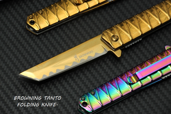มีดพับ BROWNING FOLDING TANTO ใบมีดหัวตัด Stainless Steel. ทอง