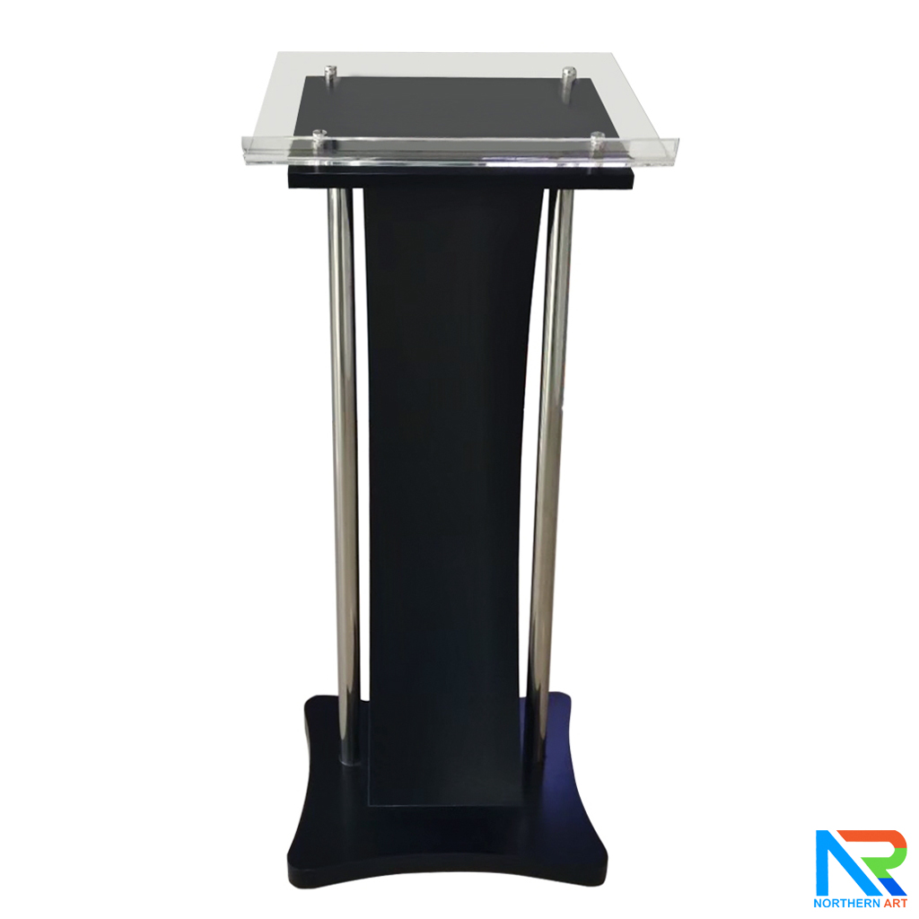 โพเดียมไม้ สีดำ ขนาด (W) 50 x (L) 40 x (H) 120 cm. พร้อมเสาสแตนเลสคู่ TOP เอียง อะคริลิคใส ติดหมุด