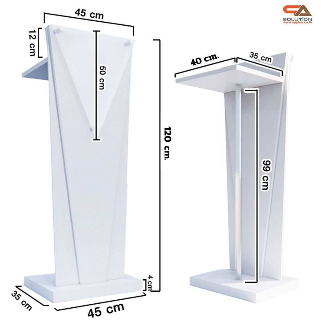 โพเดียมไม้สีขาว ทรงสามเหลี่ยม ขนาด (W) 45 x (L) 35 x (H) 120 cm. ด้านหน้าอะคริลิคใส ติดหมุด สำหรับติดโลโก้