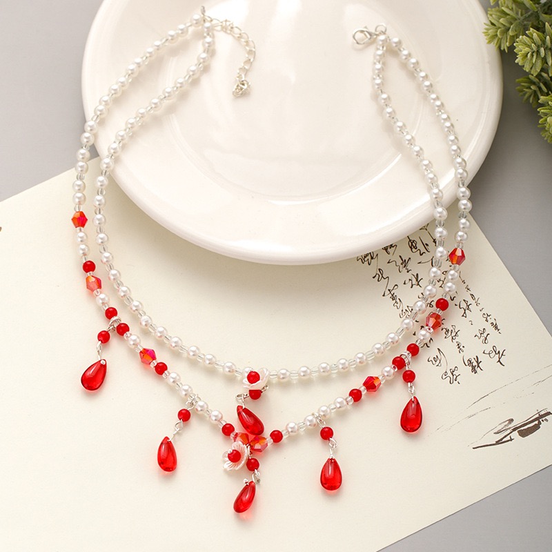 (No. 131) สร้อยคอไข่มุกแบบจีนโบราณ ห้อยอัญมณีสีแดงรูปหยดนำ้และดอกไม้