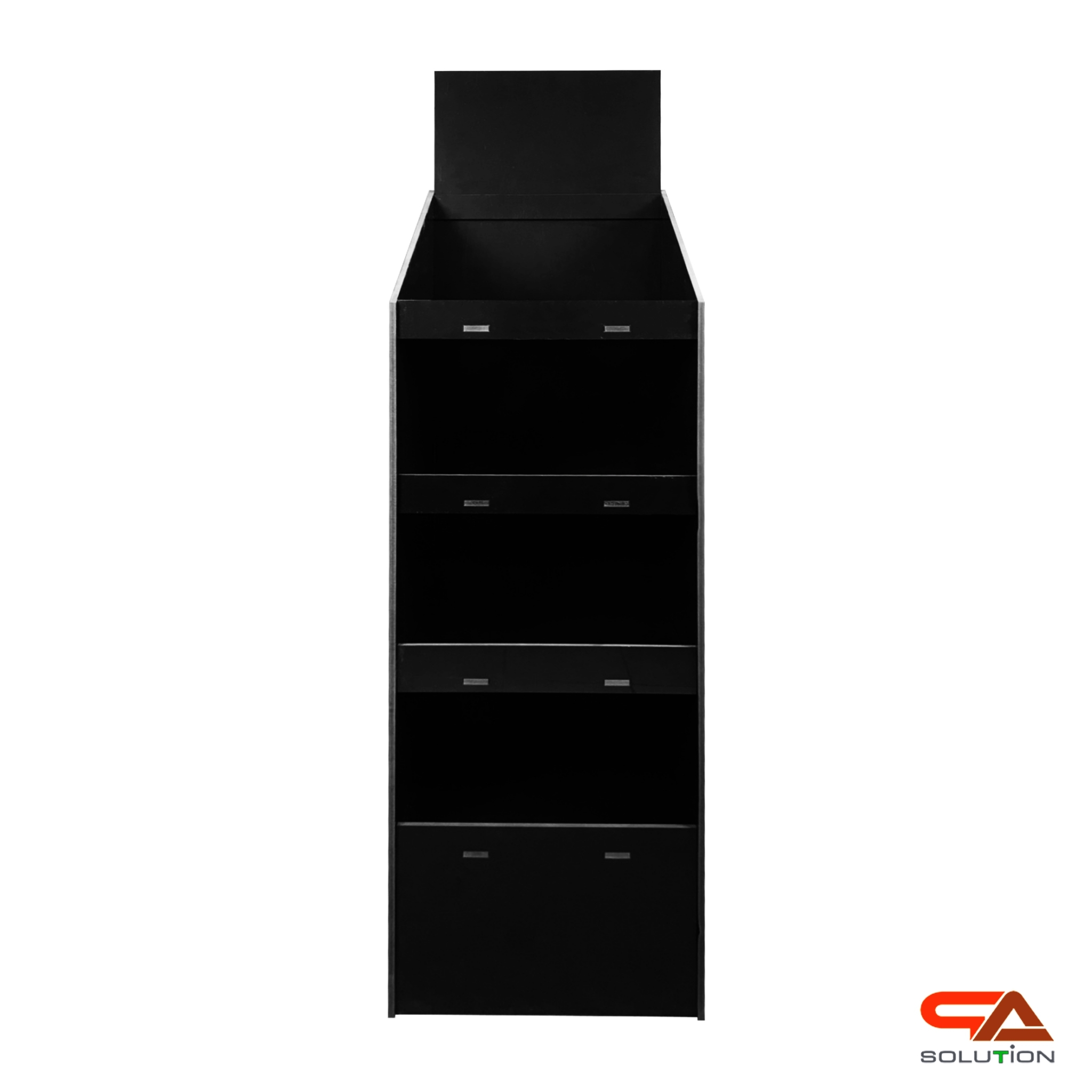 CLEARANCE SALE! ชั้นวางสินค้าพลาสวูด 4 ชั้น ขนาด (W)34 x (D)35.5 x (H)132 ซม. วัสดุพลาสวูดสีดำหนา 8 มม พร้อมงานพิมพ์สติ๊กเกอร์