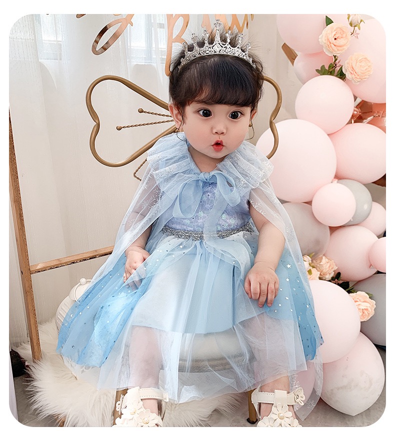 เซตชุดเจ้าหญิงเอลซ่า พร้อมผ้าคลุม เดรสแขนกุดสีฟ้าครามประดับเลื่อมช่วงอกกระโปรงย้อมไล่โทน
