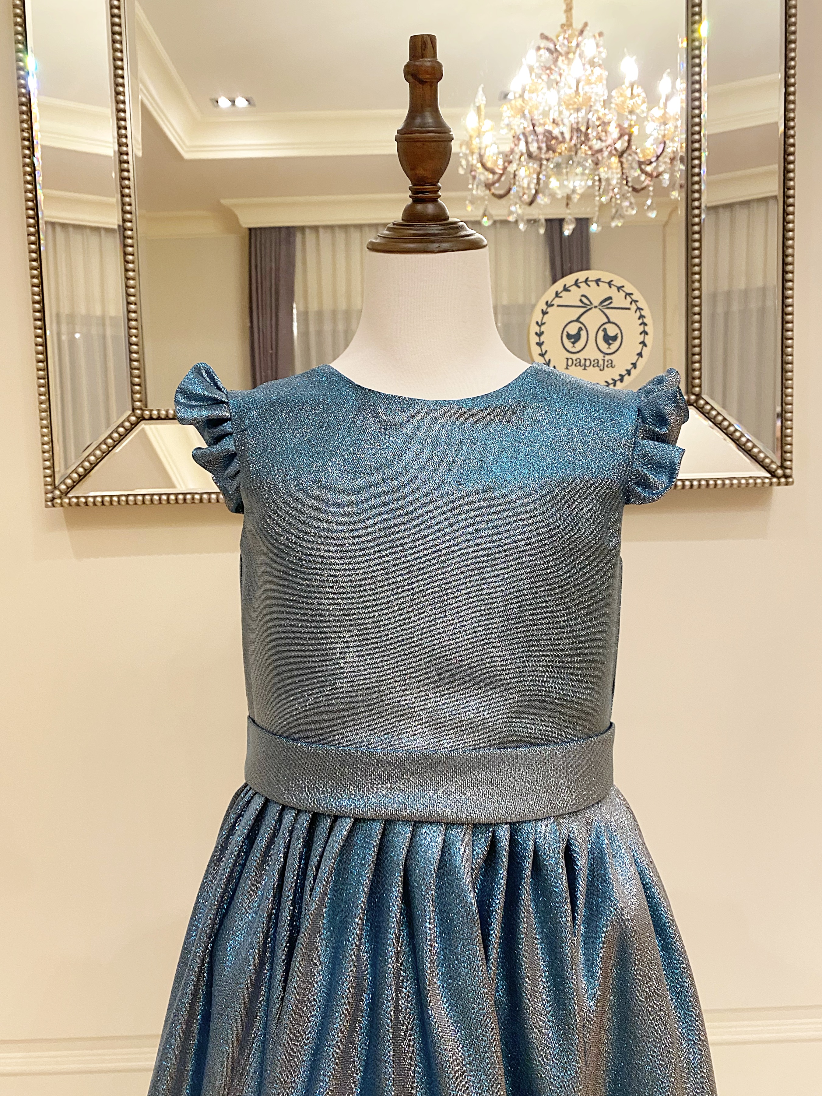 เดรสออกงานราตรียาวแขนกุด สีเขียวอมเทาเมทาลิคสีสวยแพง เรียบหรูผู้ดีที่สุด