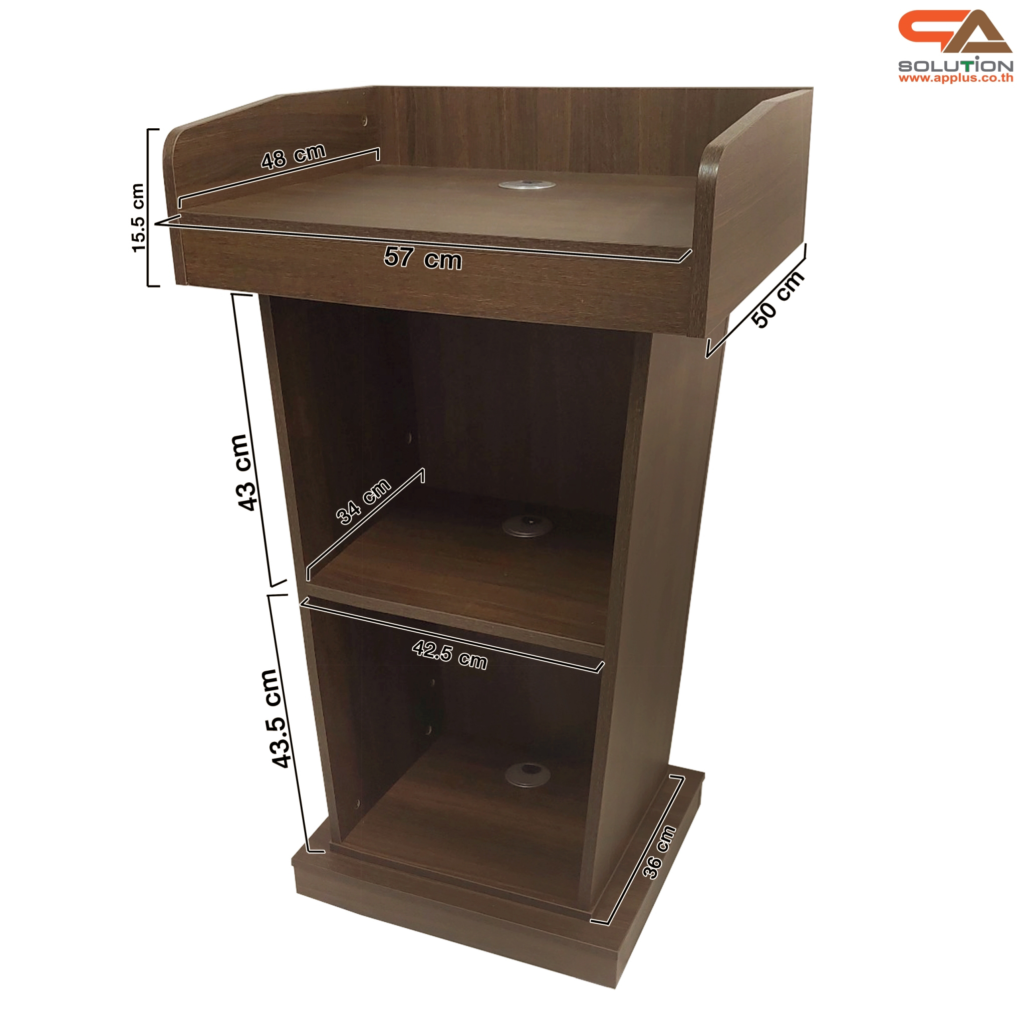 เช่าโพเดียมไม้ ลายไม้สีสัก ขนาด TOP (W)60 x (D)50 cm. สูง 109 cm. พร้อมชั้นวางของ