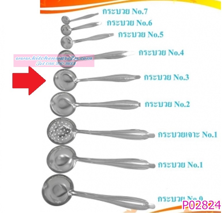 P02824 กระบวยสแตนเลส เบอร์ 3 ราคาส่งต่อโหลเฉลี่ย 11 บาท
