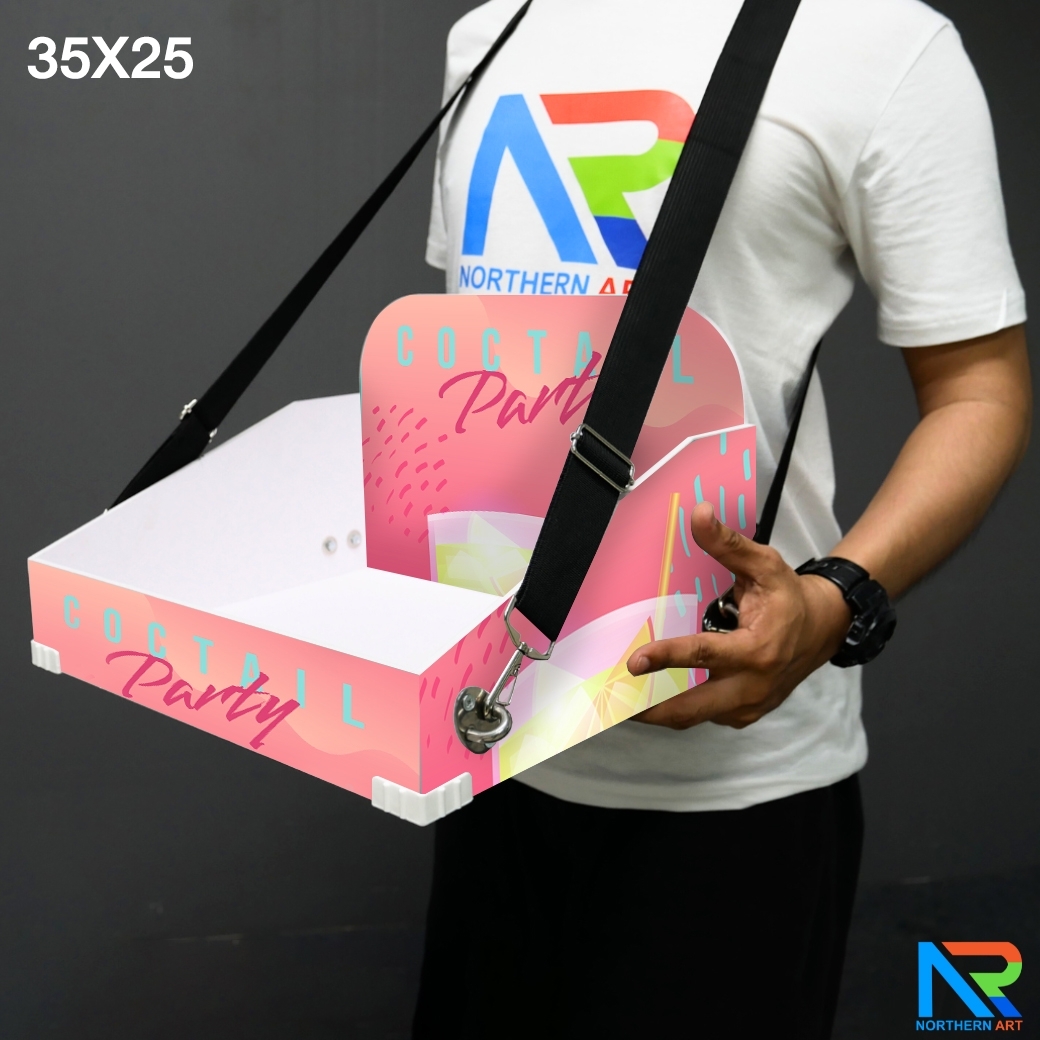 SAMPLING MOBILE TRAY ถาดแจกเคลื่อนที่ ขนาด (W)35 x (D)25 x (H)20 cm. วัสดุโครงพลาสวูดพร้อมสายคล้อง