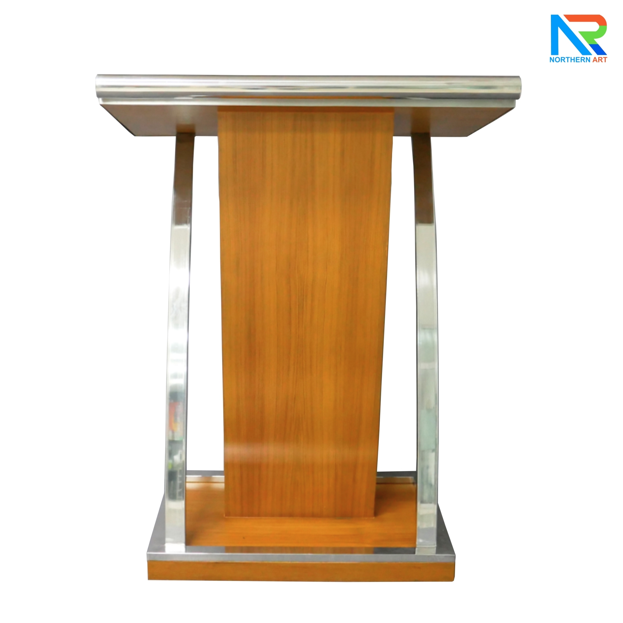 โพเดียมไม้ยืนคู่ Top หุ้มสแตนเลสยืนคู่ สีสัก ขนาด (W) 90x (L) 59 x (H) 120 cm. พร้อมตกแต่งเสาโค้งสแตนเลสเกรด304