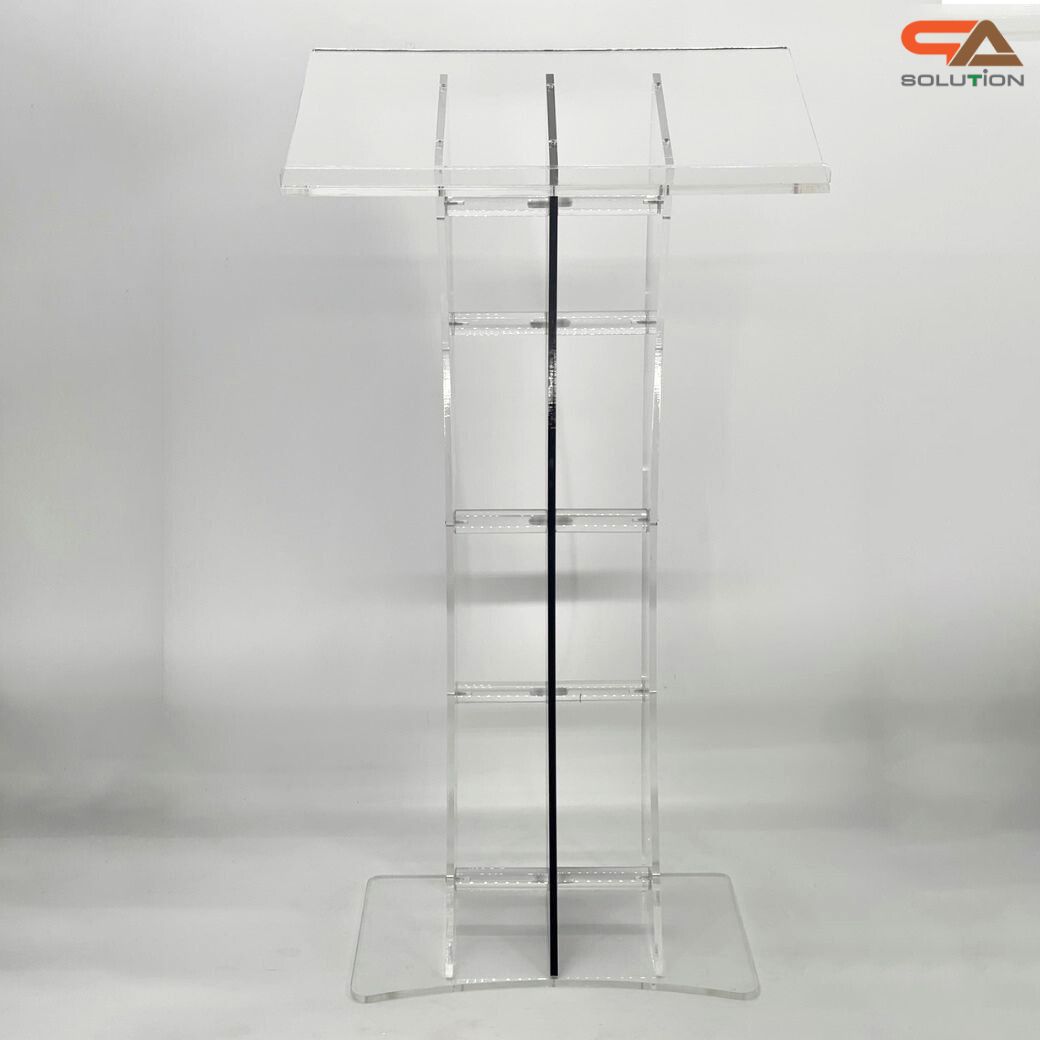 โพเดียมอะคริลิคใส และอะคริลิคสีน้ำเงิน ขนาด(W)60 x (L)42 x (H)113 cm. TOP เอียงพร้อมกันตก