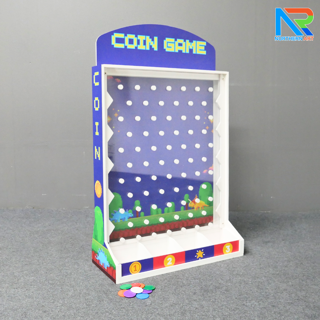 เช่าเกมส์หย่อนเหรียญตั้งโต๊ะ ขนาด (W)50 X (D)20 X (H)80 cm. วัสดุพลาสวูดหนา 8 มม. พร้อมเหรียญพลาสติกคละสี 10 เหรียญ