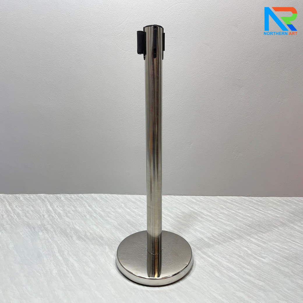 เสากั้นบริเขต สแตนเลส พร้อมสายผ้าดึงกลับอัตโนมัติ สีน้ำเงิน ( ราคาต่อเสา )