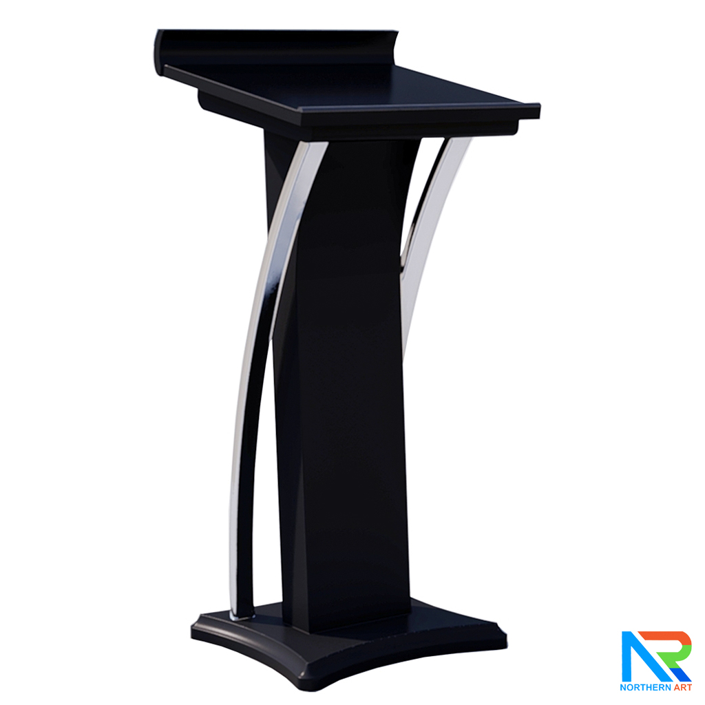 โพเดียมไม้ สีดำ ตกแต่งสแตนเลสเกรด304 ขนาด (W) 55 x (L) 50 x (H) 120 cm.