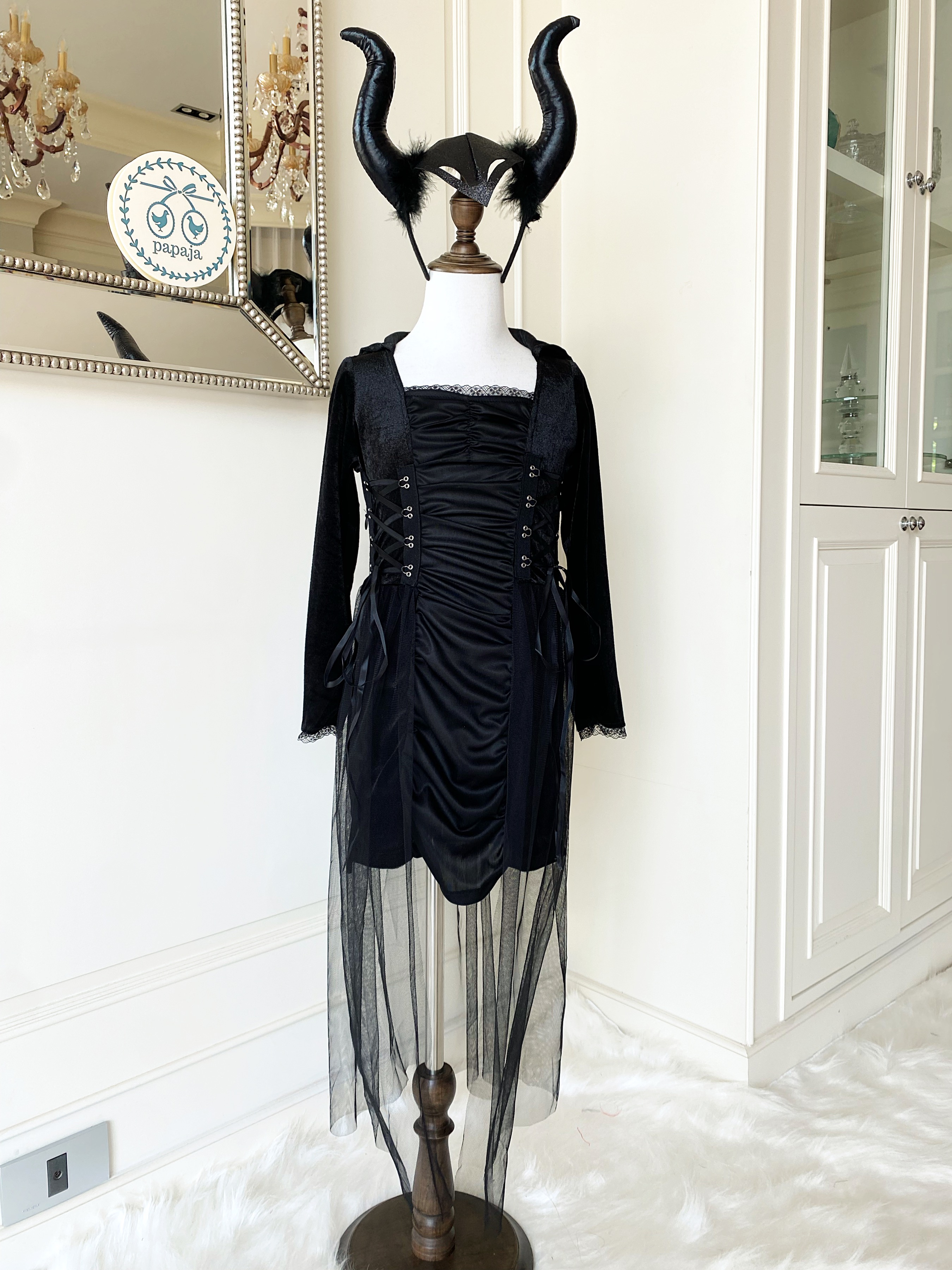 ชุดฮาโลวีน&คอสเพลย์สีดำมีฮู้ด พร้อมที่คาดผมเขามาเลฟิเซนต์ (Maleficent)