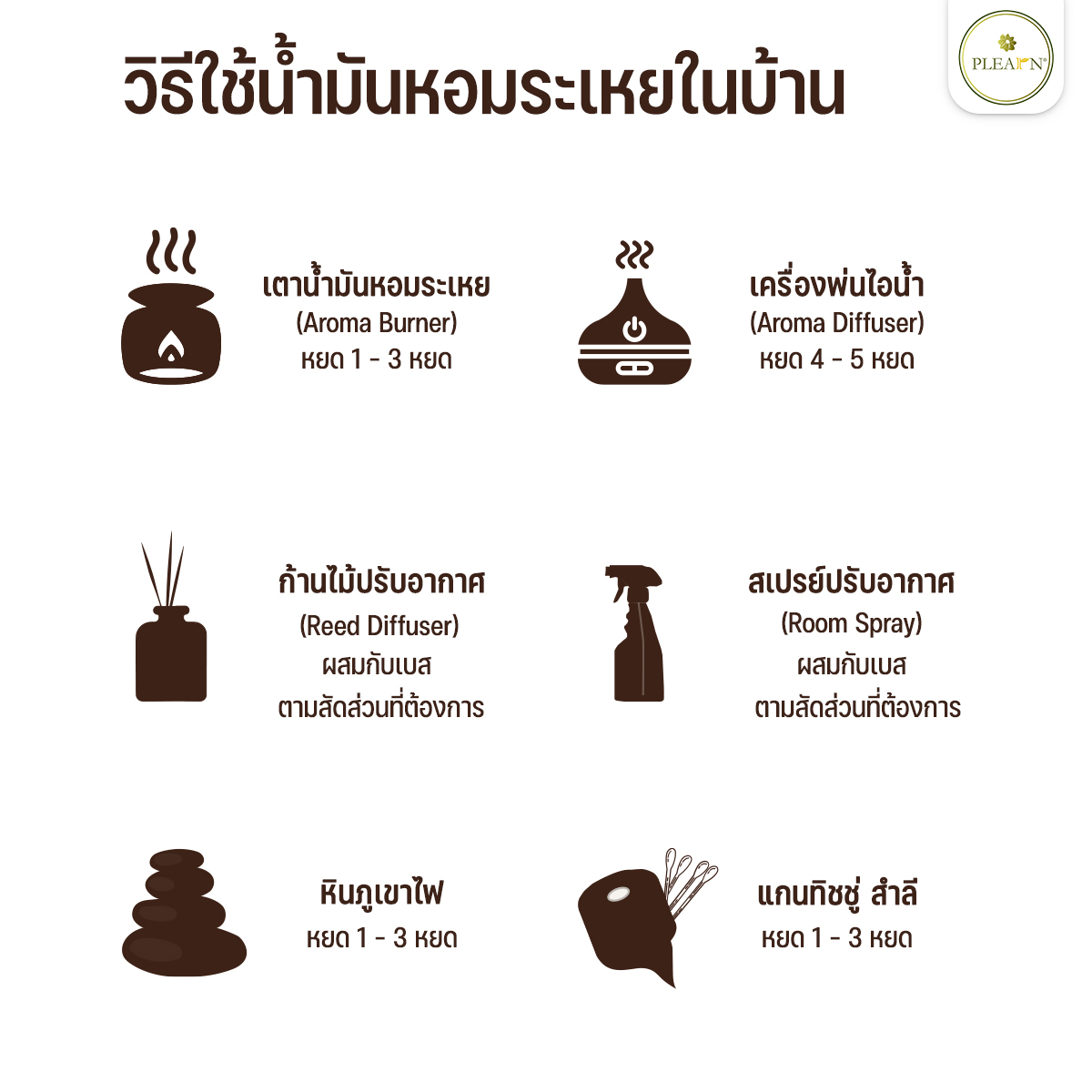 PLEARN น้ำมันหอมระเหยแท้ 100% Pure Essential Oil 100 ml. ใช้กับเครื่องพ่นอโรม่า เตาอโรม่า ผสมน้ำมันนวด สเปรย์