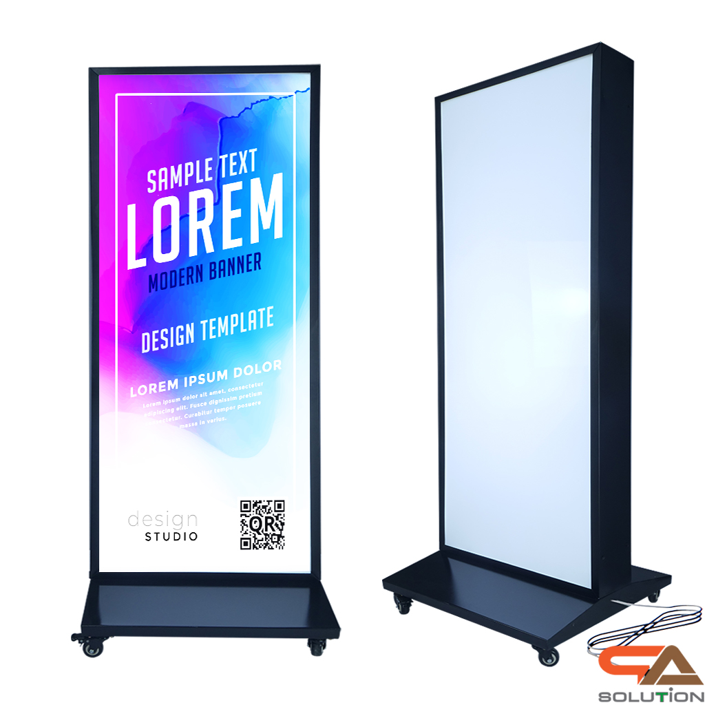 ตู้ไฟ LED ตั้งพื้น ฐาน SLOPE พร้อมล้อเลื่อน ขนาด 80x180 cm.พร้อมแผ่นอะคริลิค 2 แผ่น โชว์งานพิมพ์ 2 ด้าน เหมาะกับภายนอกอาคาร