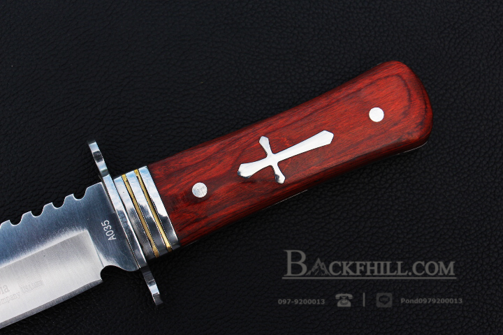 มีดใบตาย COLUMBIA รุ่นA035 ใบมีดทรงโบวี่ ด้ามจับ ลายกางเขนเงินคลาสสิค ไม้อย่างดี พร้อมซองไนลอน