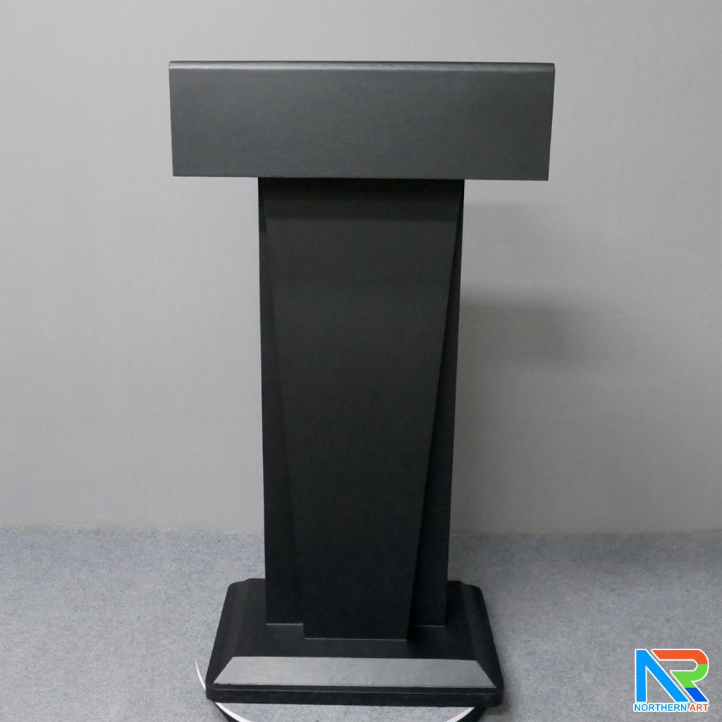 โพเดียมไม้ สีดำ ทรงโมเดิร์น TOP เอียง ขนาด (W)58 x (L)46 cm. สูง 114 cm. พร้อมตู้ใส่ของ มีกุญแจล็อค