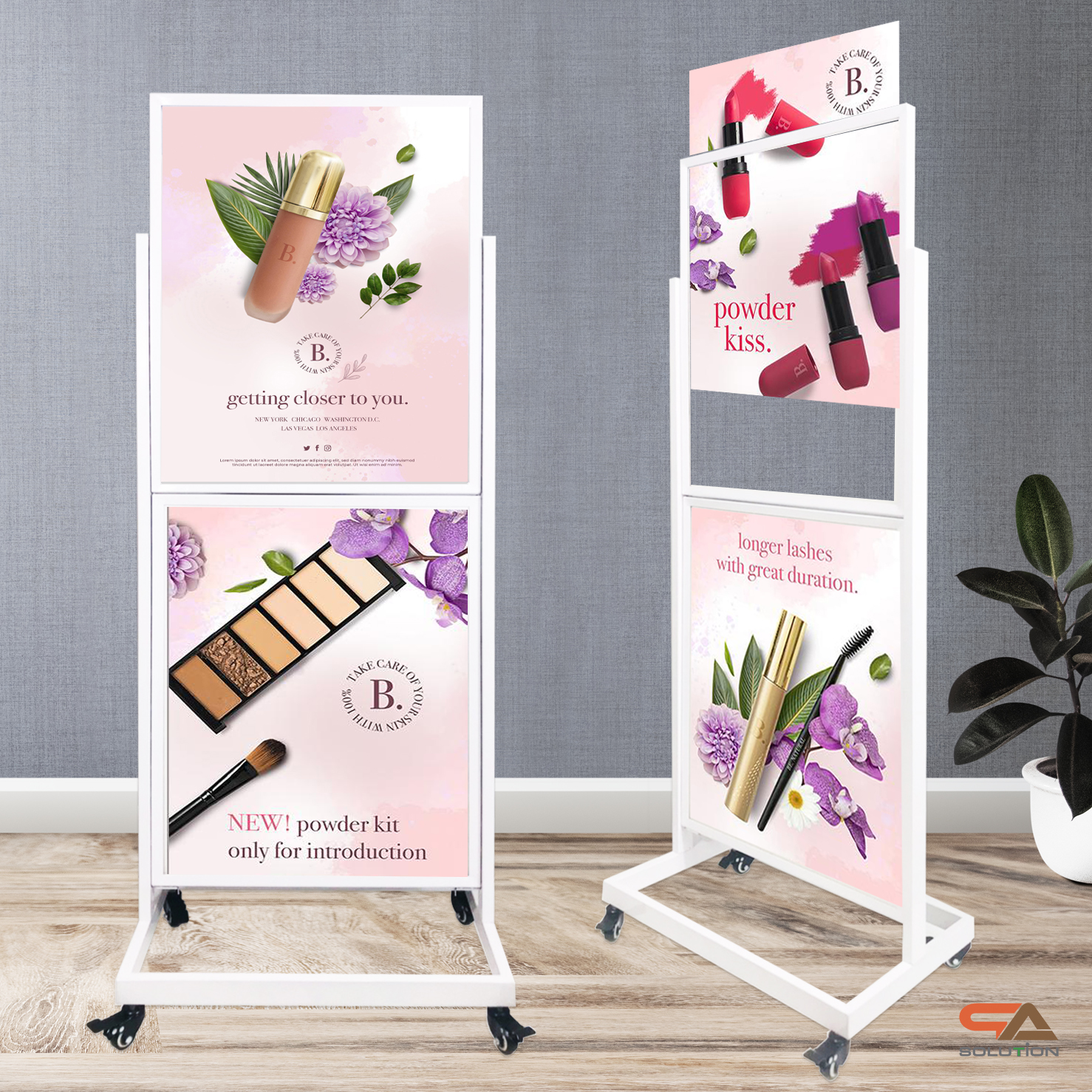 ป้ายตั้งพื้นเหล็ก กรอบคู่ สีขาว มีล้อ (W) 58 × (L) 73 x (H) 160 cm. สอดงานด้านบน โชว์ภาพ2ด้าน ถอดประกอบได้