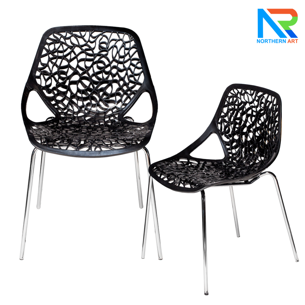 เช่าเก้าอี้ พลาสติกโพลีโพรพิลีน (PP) สีขาวและสีดำ ขาเหล็กชุบโครเมียม