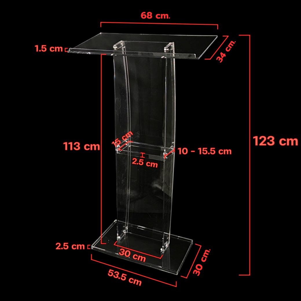โพเดียม อะคริลิคใส ขนาด(W)68 x (L)34 x (H)123 cm. TOP เอียงพร้อมกันตก วัสดุอะคริลิคใส หนา 8 มม.