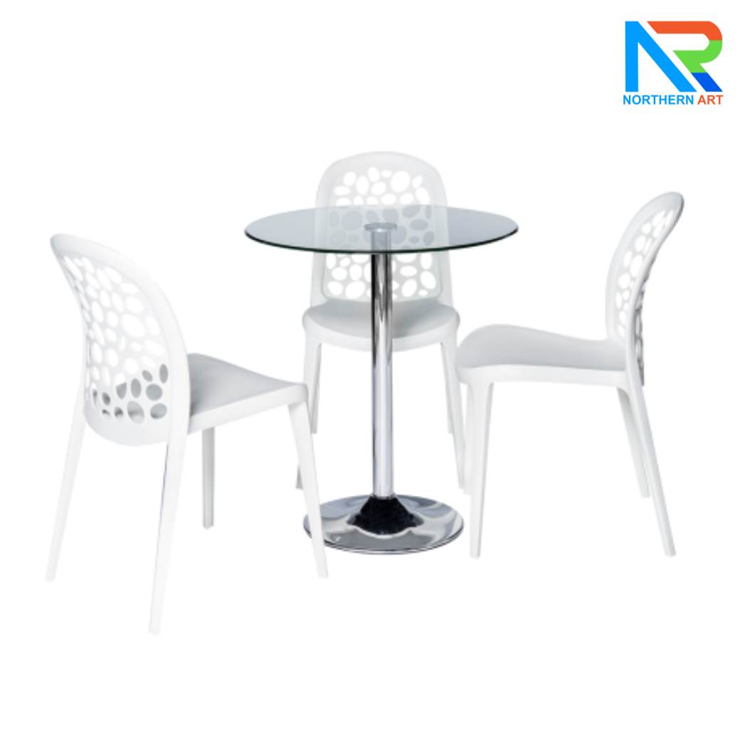เช่าชุดโต๊ะบาร์ Top กระจกกลม เสาเดี่ยว ขาเหล็กชุบโครเมี่ยม พร้อมเก้าอี้ 3 ตัว (เก้าอี้มีหลายแบบให้เลือก)