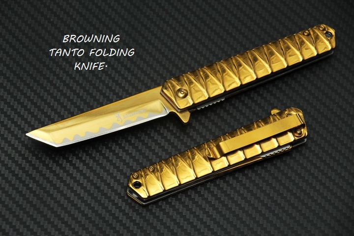 มีดพับ BROWNING FOLDING TANTO ใบมีดหัวตัด Stainless Steel. ทอง