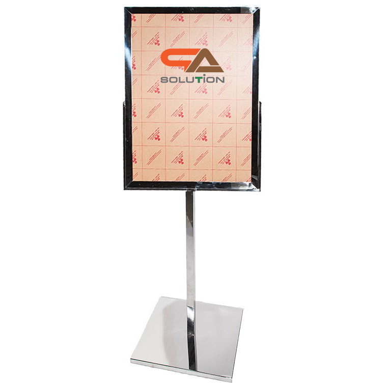 โปสเตอร์สแตนด์ สแตนเลสเกรด304 ขนาด56x76 ซม. เสาเดี่ยว ฐานเหลี่ยม โชว์งานพิมพ์ 2 ด้าน พร้อมอะคริลิคใส 2 มม. 2แผ่น สอดงานพิมพ์ด้านบน