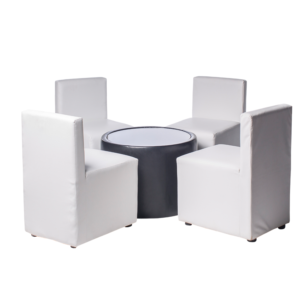 เช่าชุดโต๊ะทรงกลม หุ้มหนังทั้งตัว TOP กระจก พร้อมเก้าอี้ 4 ตัว (เก้าอี้มีหลายแบบให้เลือก)