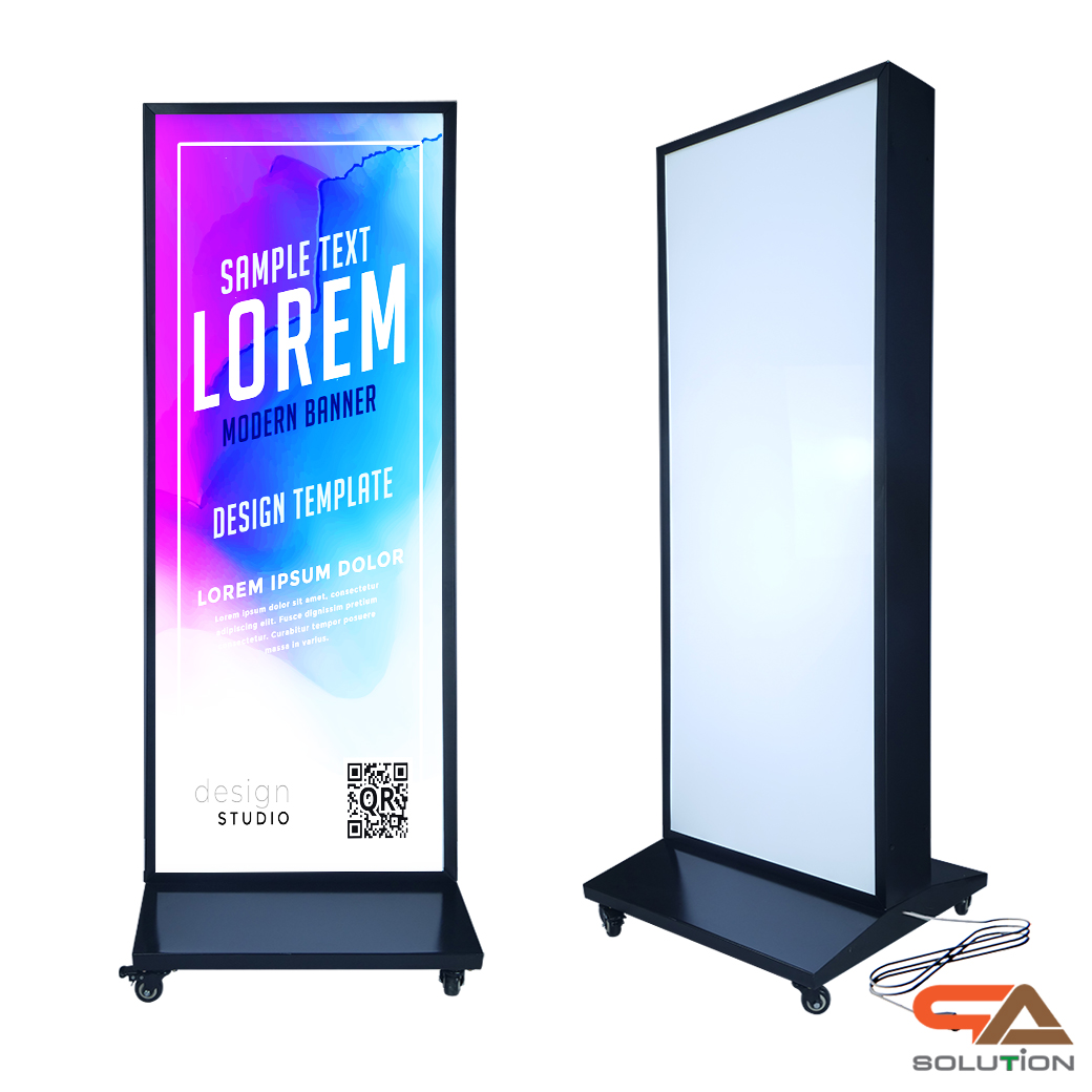 ตู้ไฟ LED ตั้งพื้น ฐานSLOPE ขนาด 60x160 ซม.โครงเหล็กพร้อมแผ่นซิงค์ สีดำ แผ่นอะคริลิค 2 แผ่น โชว์งานพิมพ์ 2 ด้าน มีล้อเลื่อน เคลื่อนย้ายสะดวก