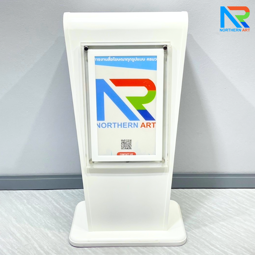 โพเดียมไม้ LED สีขาว ขนาด (W)55 x (L)45 x (H)112 cm. พร้อม LED CRYSTAL FRAME ด้านหน้า