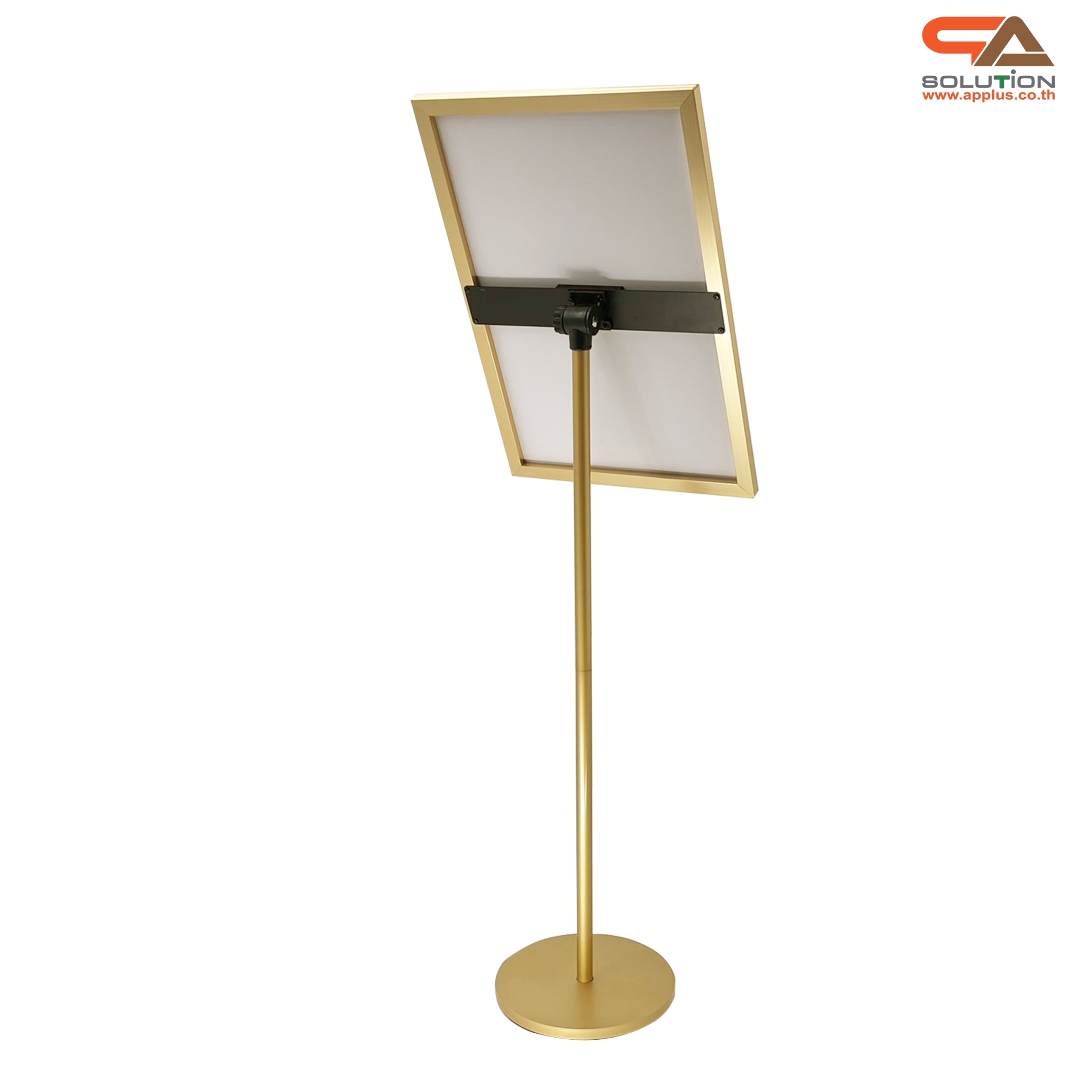 โปสเตอร์สแตนด์ ขนาด 40x60 cm. สีทอง ฐานกลม เสาเดี่ยว สอดภาพจากด้านข้าง เปลี่ยนมุมเอน ปรับแนวตั้ง-แนวนอนได้