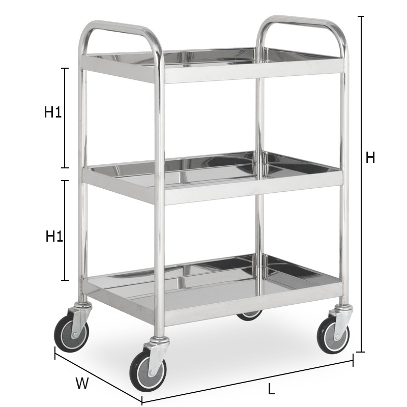รถเข็นถาดสเตนเลส 3 ชั้น รุ่นมือจับ 2 ข้าง ล้อ PU 610x410x885 mm