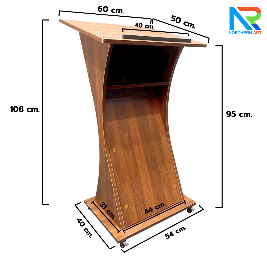 โพเดียมไม้ สีน้ำตาล TOPเอียง ขนาด (W)60 x (L)50 x (H)108 cm. พร้อมล้อเลื่อนและชั้นวางของ