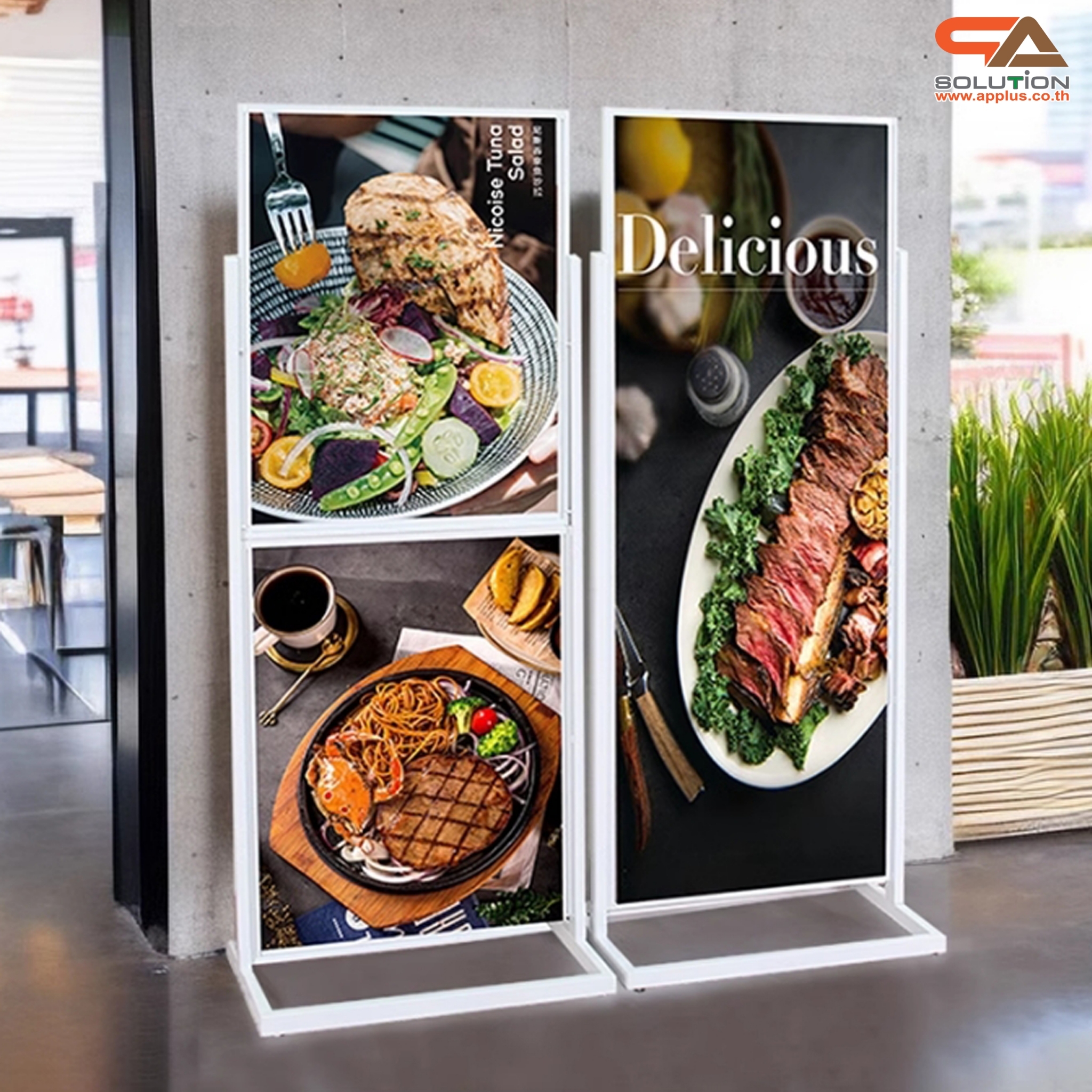 ป้ายตั้งพื้นเหล็ก รุ่นกรอบเดี่ยว สีขาว ขนาด (W)62 × (H)156 cm. สอดงานด้านบน โชว์ภาพ2ด้าน ถอดประกอบได้