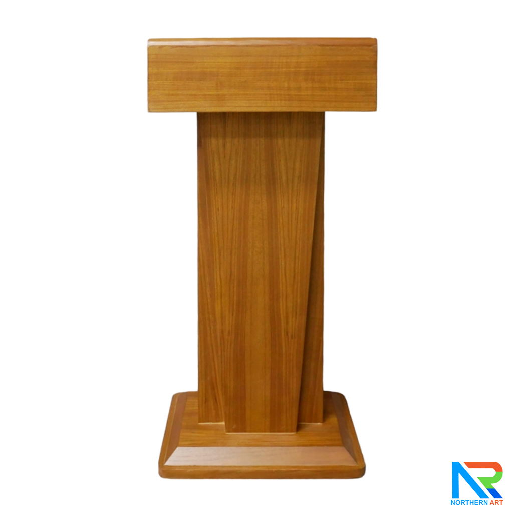 โพเดียมไม้ สีสัก ทรงโมเดิร์น TOP เอียง ขนาด (W)58 x (L)46 cm. สูง 114 cm. พร้อมตู้ใส่ของ มีกุญแจล็อค