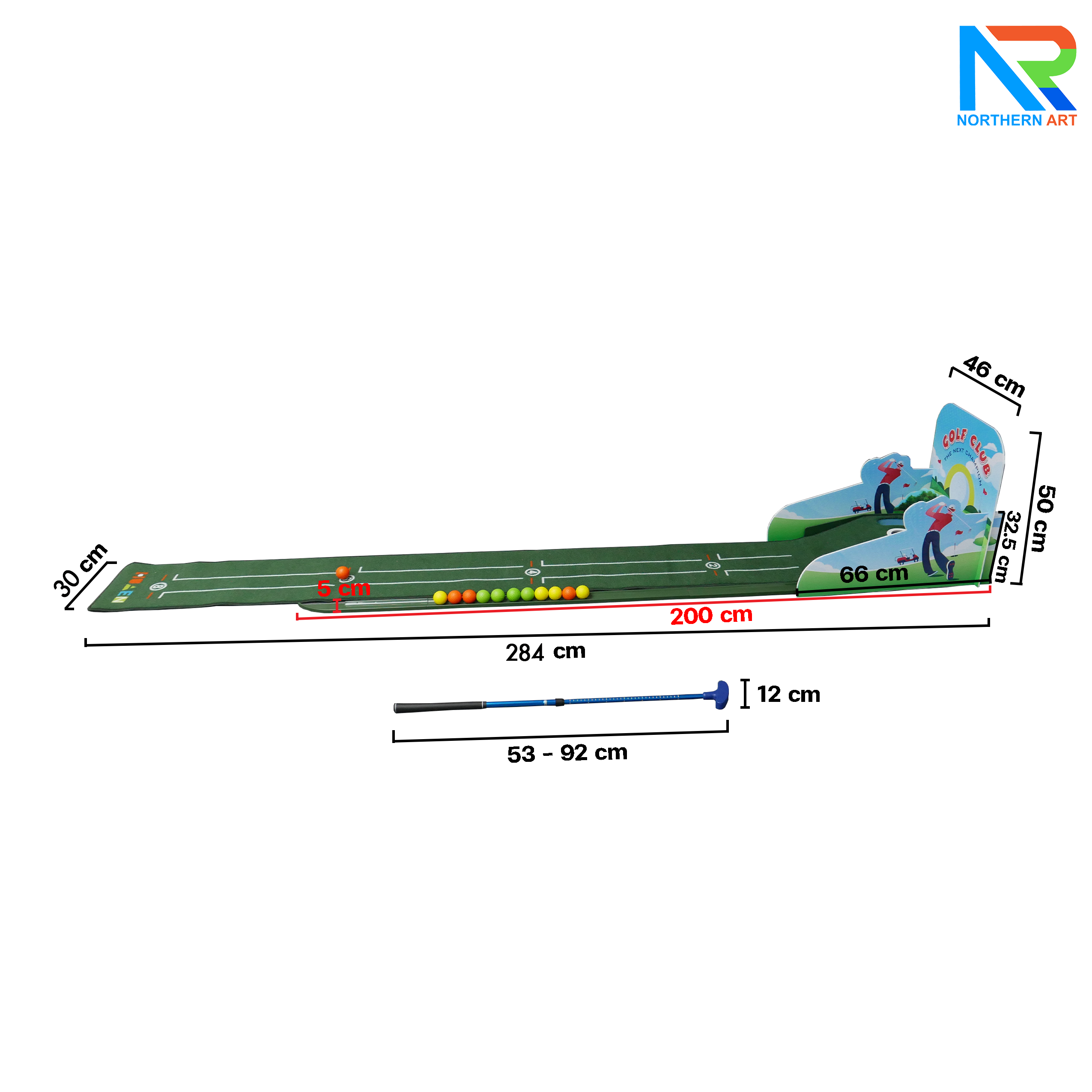 เกมส์กอล์ฟ ขนาด (W)30 x (L)284 x (H)10 cm. พร้อมไม้พัตเตอร์ปรับระดับได้ 1 อัน และลูกกอล์ฟโฟม 10 ลูก