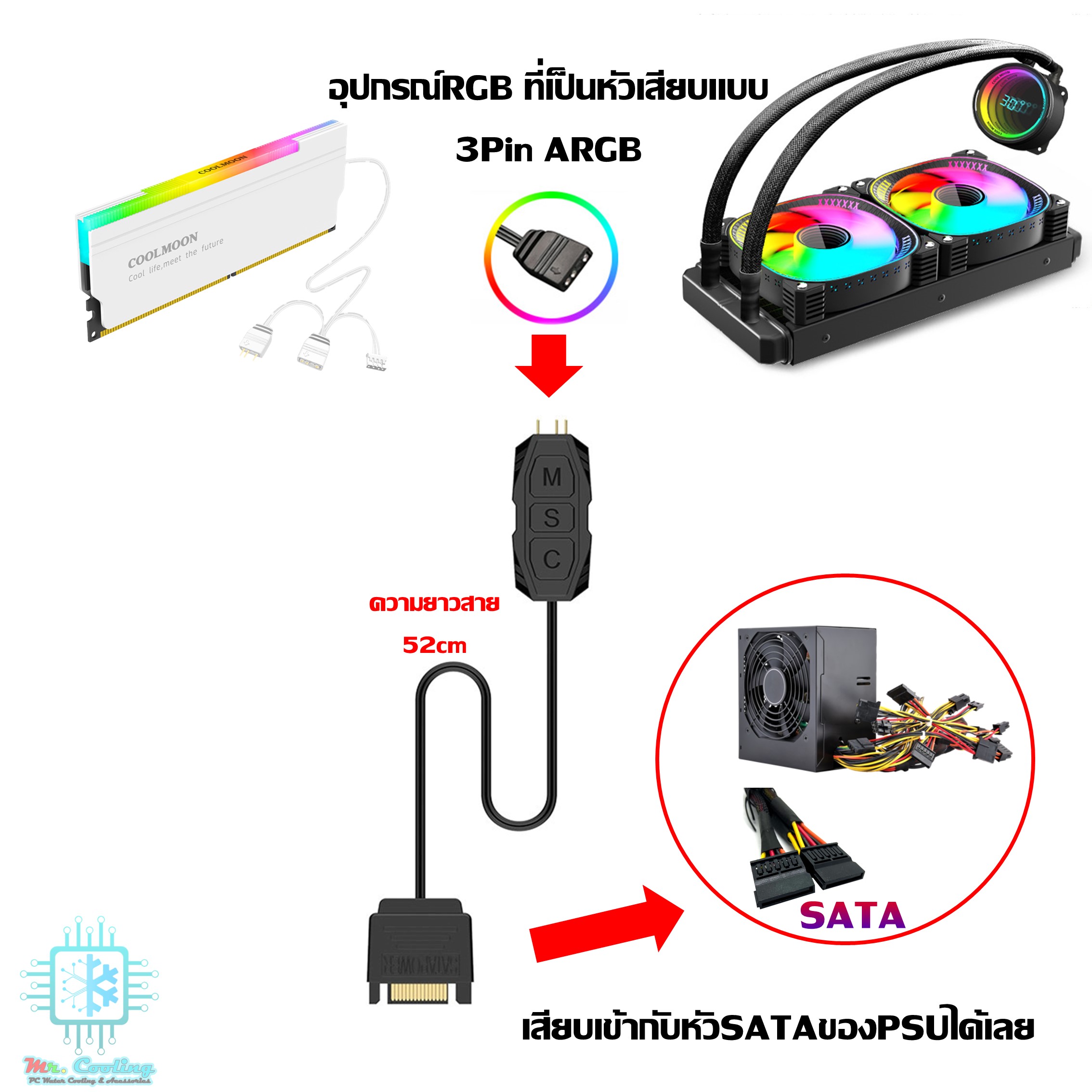 ชุดกล่องคอนโทรล 3Pin 5vARGB แปลงสายเป็นหัวเสียบSATA คุมระบบไฟอุปกรณ์RGB
