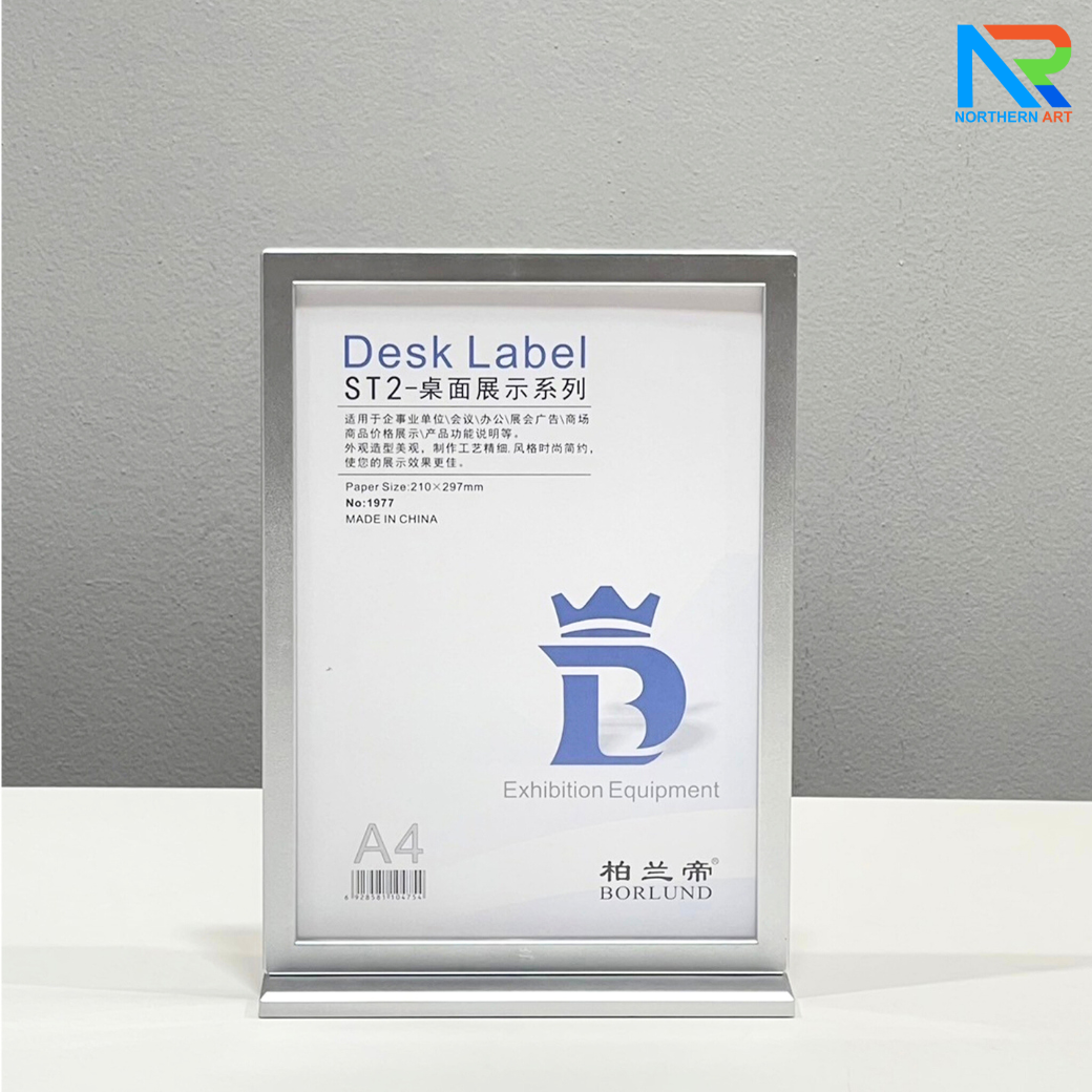 ป้ายตั้งโต๊ะ รุ่น F กรอบเฟรม สีทองและสีเงิน ขนาด A4 ฐานพลาสติก โชว์งานพิมพ์ได้ 2 หน้า ถอดประกอบได้