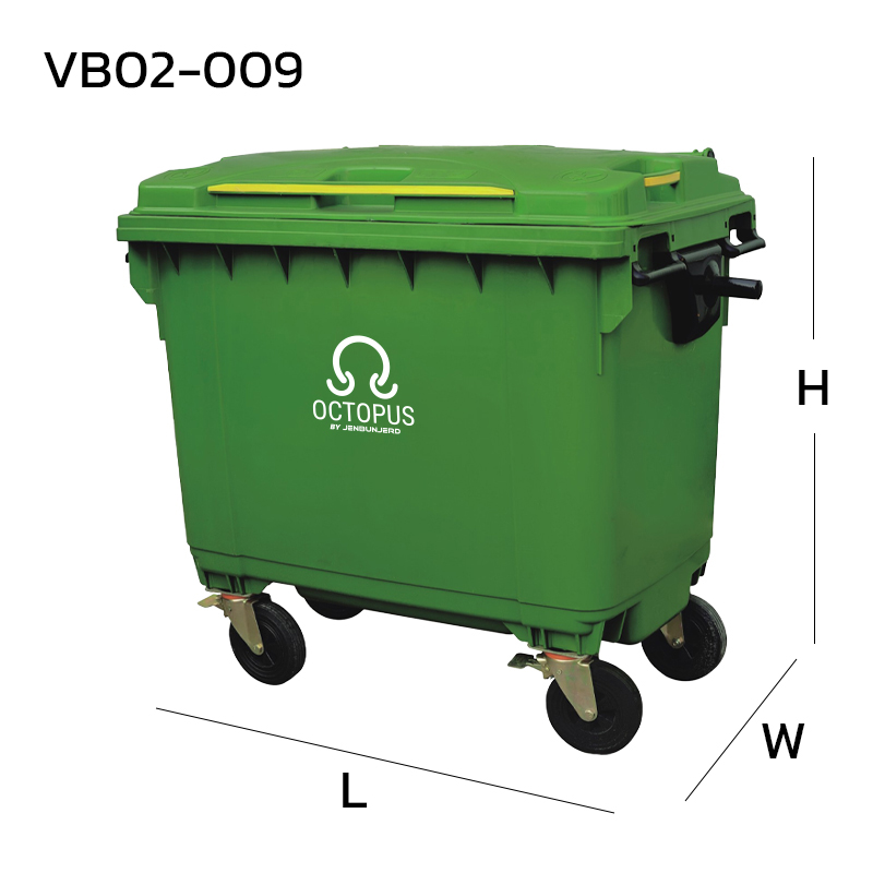 Large trash can with wheels, 660 liters, green