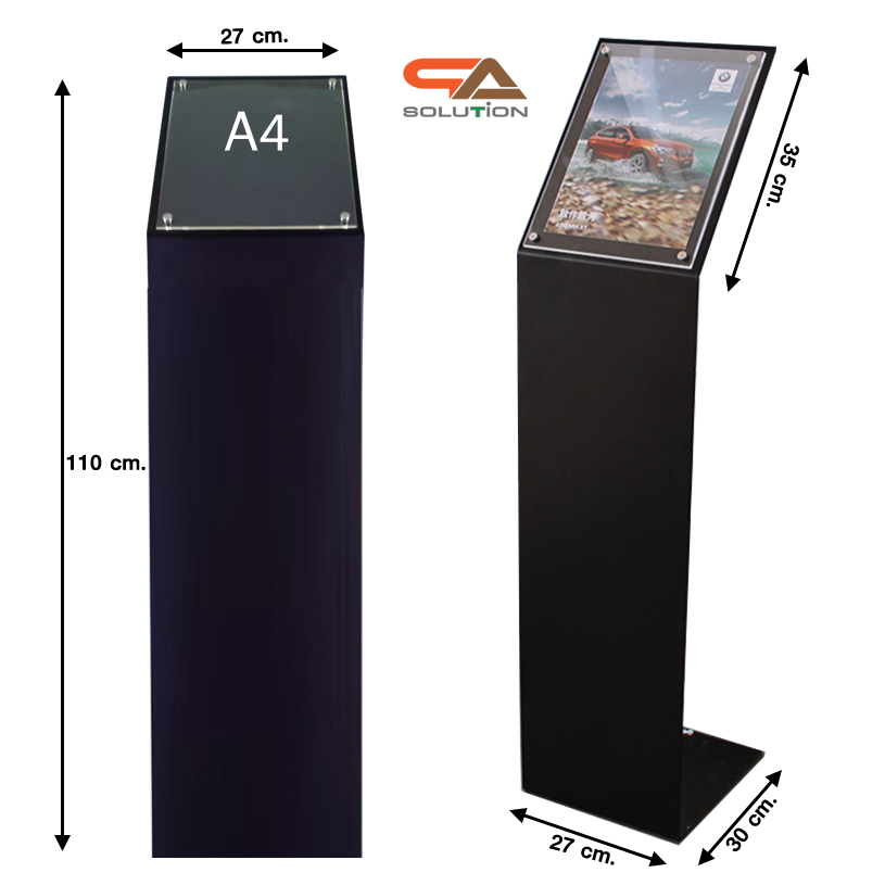 โปสเตอร์สแตนด์ตั้งพื้น รุ่นโชว์รูมรถ-หมุด ขนาด A4 สีดำ พร้อมแผ่นอะคริลิคใสติดหมุด เปลี่ยนงานพิมพ์ได้ง่าย