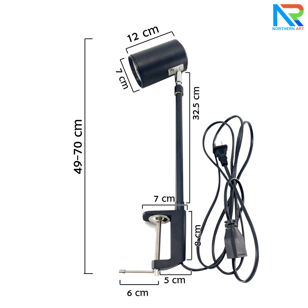 โคมไฟทรงกระบอกสีดำ รุ่นขาหนีบแบบหมุน 12 w COOLWHITE 4000 K (แสงขาวนวล) ปรับความยาวขาได้ ใช้กับโครงบอร์ดนิทรรศการ