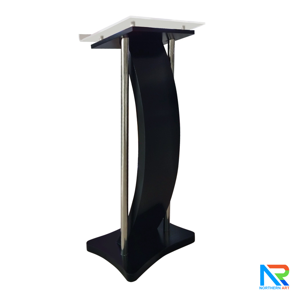 โพเดียมไม้ สีดำ ขนาด (W) 50 x (L) 40 x (H) 120 cm. พร้อมเสาสแตนเลสคู่ TOP เอียง อะคริลิคใส ติดหมุด