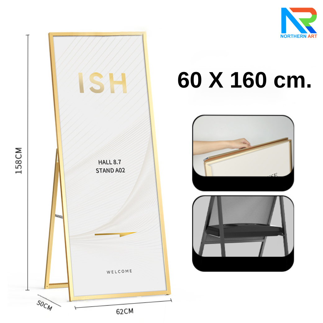 ป้ายตั้งพื้นอะลูมิเนียม สีทอง พับได้ ขนาด (W)60 x (H)160 cm. ขอบเฟรมเปิดด้านบน เพื่อสอดงานพิมพ์ พร้อมกล่องใส่น้ำ เพื่อถ่วงน้ำหนัก