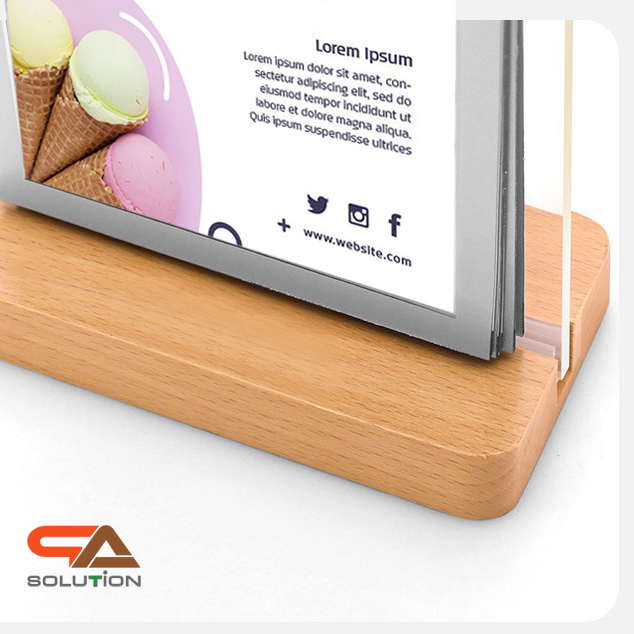 เมนูสแตนด์ตั้งโต๊ะ รุ่น D3 ฐานไม้จริง สีบีช พร้อมซอง 6 ซอง โชว์งานพิมพ์ 2 ด้าน ขนาด A4 , A5 และ A6