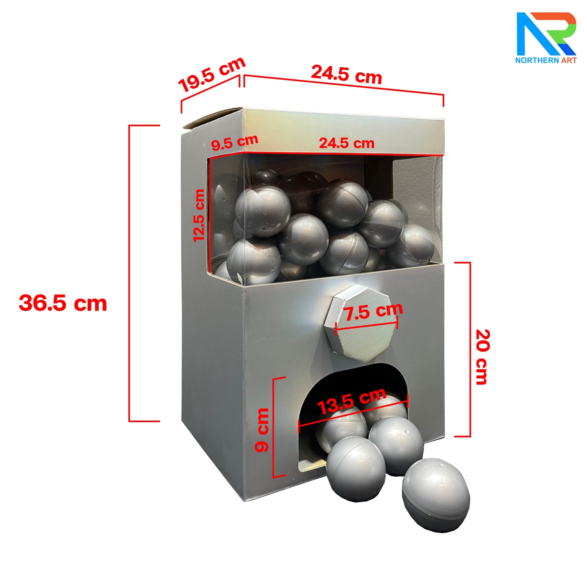 เกมส์หมุนบอล จับรางวัล ตั้งโต๊ะ กล่องสีเทา ขนาด 24.5 x 19.5 x 36.5 cm. พร้อมลูกบอลใส่ฉลาดขนาด 55 มม.จำนวน 30 ลูก
