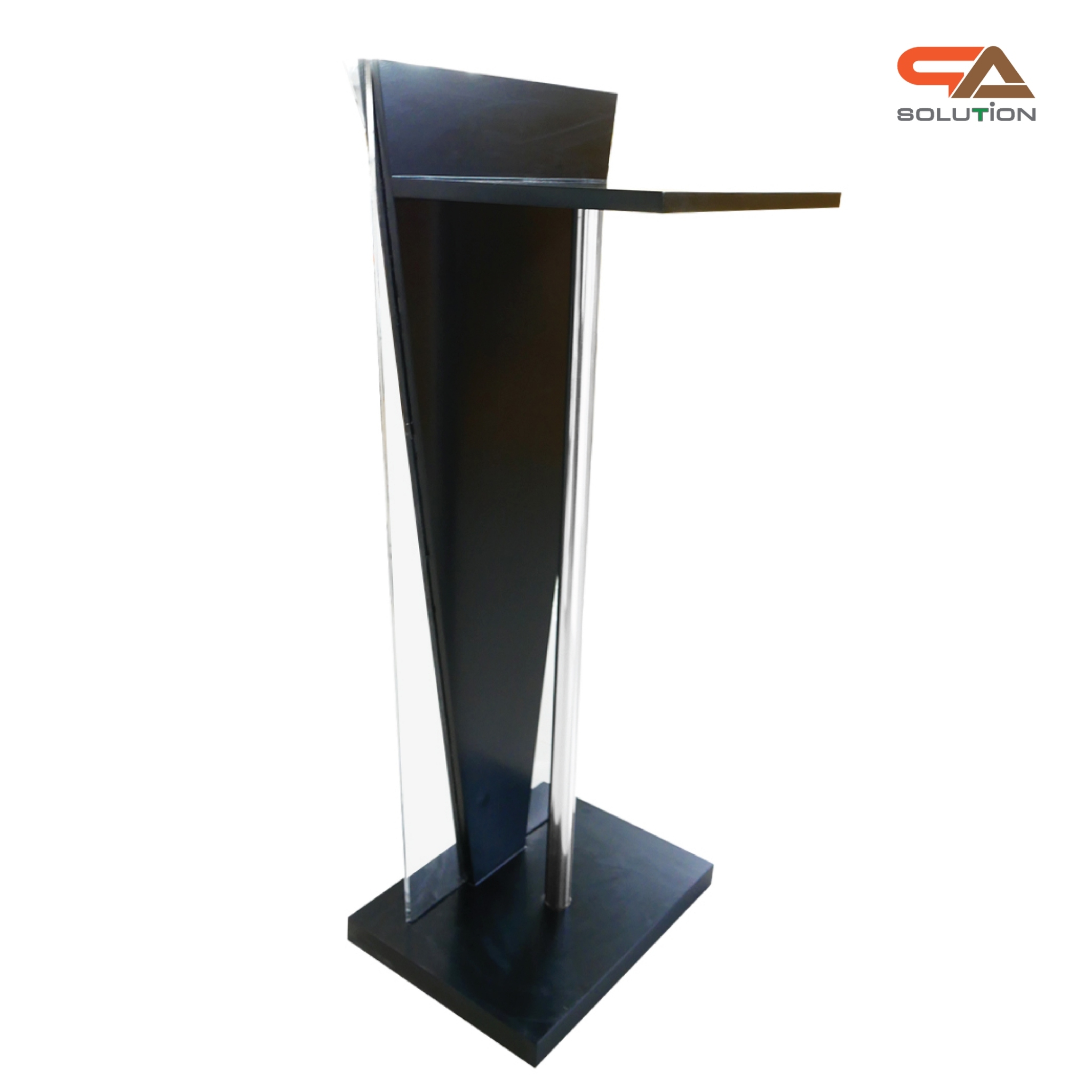 โพเดียมไม้สีดำ ทรงสามเหลี่ยม ขนาด (W) 45 x (L) 35 x (H) 120 cm. ด้านข้างอะคริลิคใส หนา 8 มม. ด้านหน้าอะคริลิคใส ติดหมุด สำหรับติดโลโก้