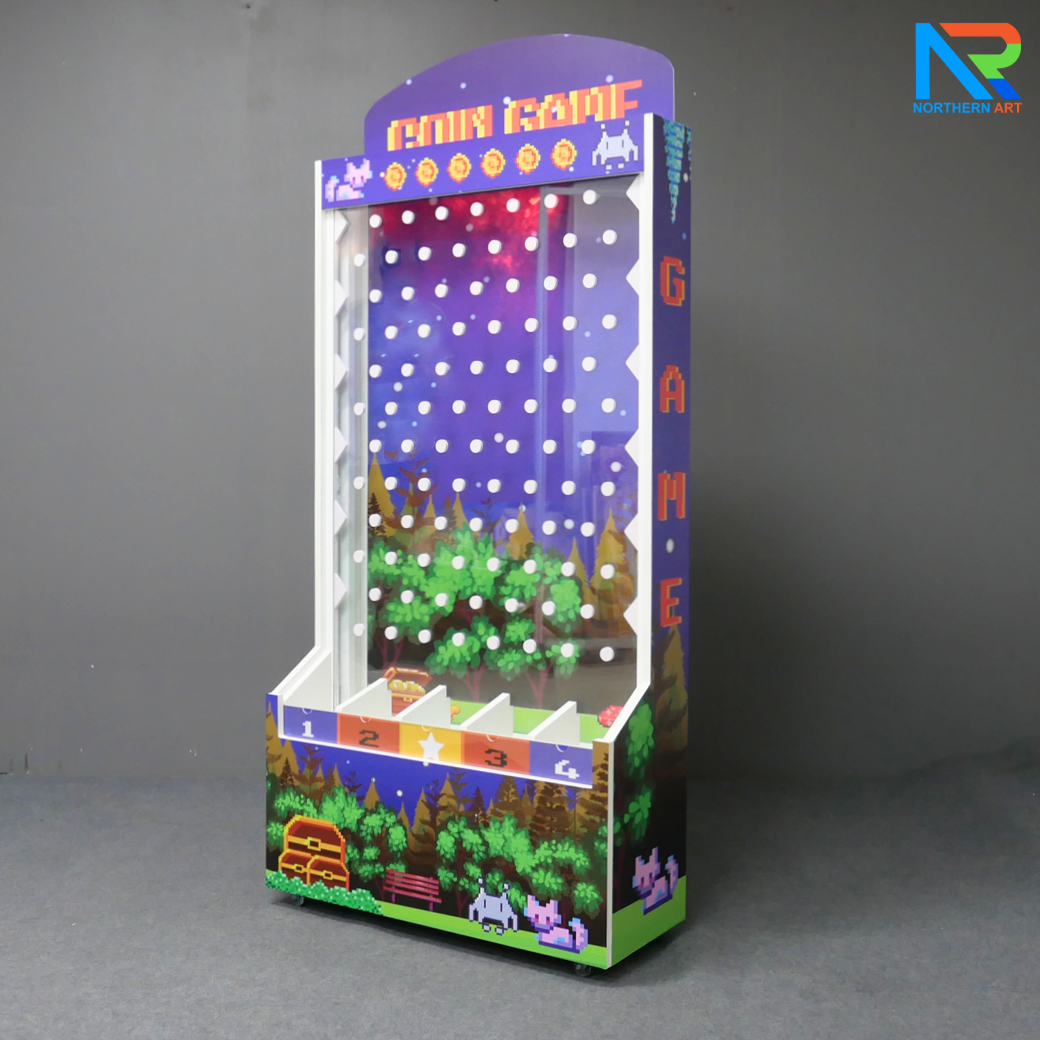 เช่าเกมส์หย่อนเหรียญตั้งพื้น มีล้อ ขนาด (W)80 X (D)30 X (H)150 cm. วัสดุไม้MDFปิดผิวเมลามีน และแผ่นอะคริลิคใส พร้อมเหรียญอะคริลิค 12 อัน