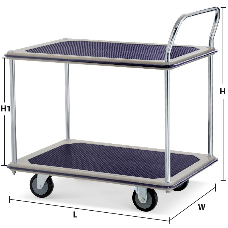 TROLLEY WITH STEEL FLOORS-2 FLOORS- SINGLE HANDLE 220 KG.-PU WHEELS