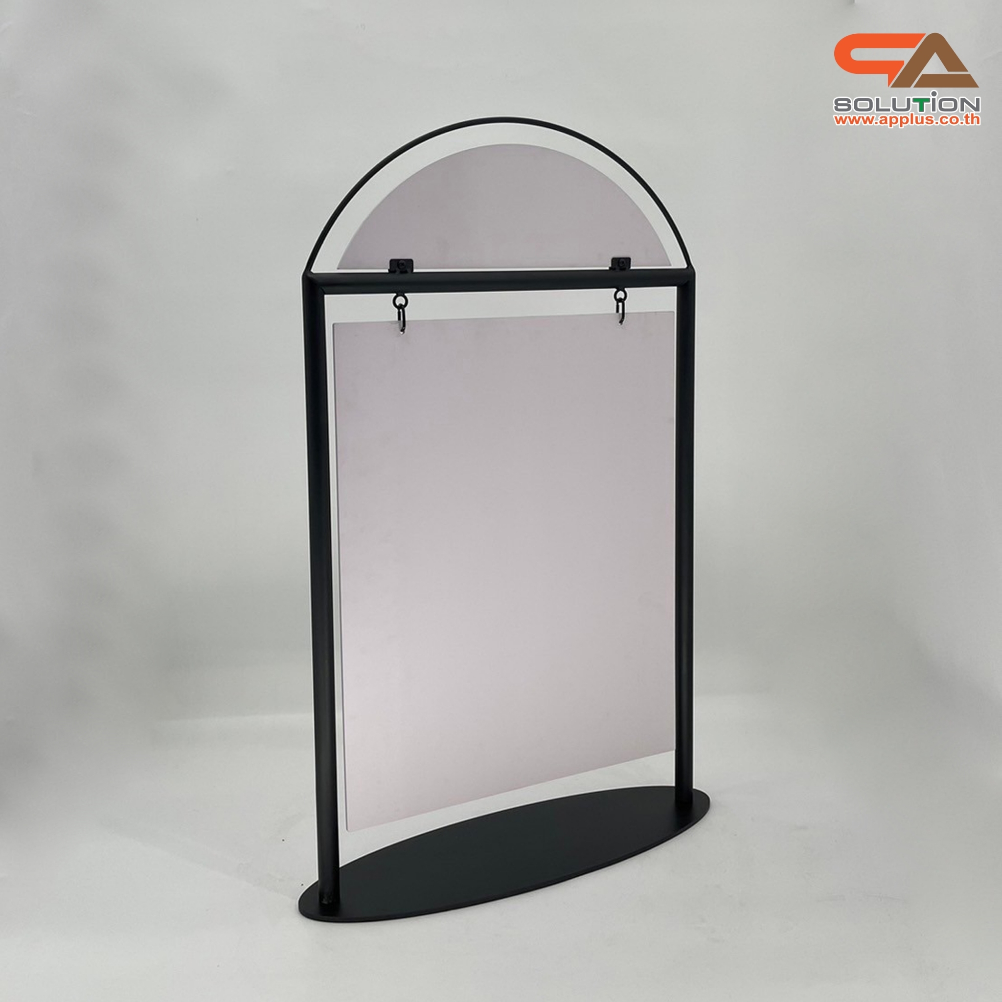 ป้ายตั้งพื้น ป้้ายมินิมอล เหล็กสีดำ ขนาด (W)59 x (H)95 cm. โชว์งานพิมพ์ 2 ด้าน ฐานวงรี ถอดประกอบได้